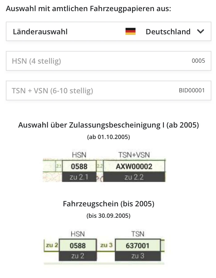 Fahrzeugwahl über den Fahrzeugschein